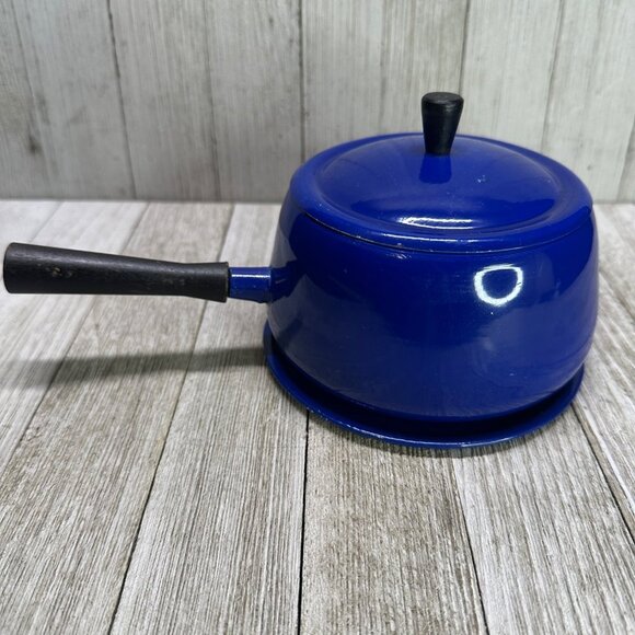 Vtg Blue Pot Metal Retro 70's Style MCM Lid Plate Handle 4.5" DIA 3" Tall - Picture 4 of 11
